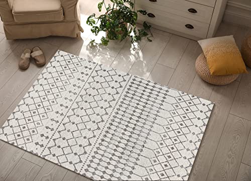 THE BEER VALLEY Area Rug 5x7 Feet Modern Neutral Carpet for Living Room, Bedroom, Kitchen - Moroccan Boho Indoor Non Shedding Area Rugs - Off White/Grey