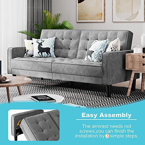 JAMFLY Velvet Futon Sofa Bed loveseat Couch, Modern Upholstered Sleeper Sofa, Fold Up/Down Adjustable Couch for Living Room, Bedroom, Apartment(Dark Gray)