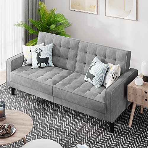 JAMFLY Velvet Futon Sofa Bed loveseat Couch, Modern Upholstered Sleeper Sofa, Fold Up/Down Adjustable Couch for Living Room, Bedroom, Apartment(Dark Gray)