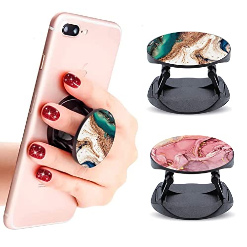 (2 Pack) Cell Phone Stand/Cellphone Foldable Finger Grip Holder for Smartphone and Tablets - Gold Green Pink Marble