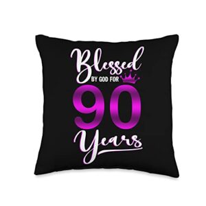 blessed by god 90th men women vintage birthday tee vintage blessed by god for 90 years old happy 90th birthday throw pillow, 16x16, multicolor