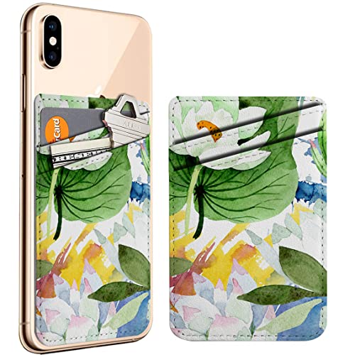 Diascia Pack of 2 - Cellphone Stick on Leather Cardholder ( Watercolor White Lotus Flower Floral Pattern Pattern ) ID Credit Card Pouch Wallet Pocket Sleeve