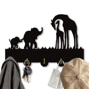 scitoy giraffe key hooks, animal theme wall mount organizer, wooden key holder with 5 metal hooks,19 * 29 * 3cm black home decoration for storage, living room, hallway, office… (giraffe and elephant)