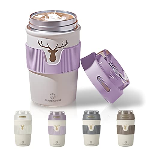 PUOENFGR Travel Insulated Coffee Mug,New Free Sip 14oz.Food Grade 316 Stainless Steel with Straw Cup Body Vacuum Anti-Scalding,Adults,Women,Kids All Like,Practical And Perfect For Gifts(Grape Purple)