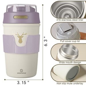 PUOENFGR Travel Insulated Coffee Mug,New Free Sip 14oz.Food Grade 316 Stainless Steel with Straw Cup Body Vacuum Anti-Scalding,Adults,Women,Kids All Like,Practical And Perfect For Gifts(Grape Purple)