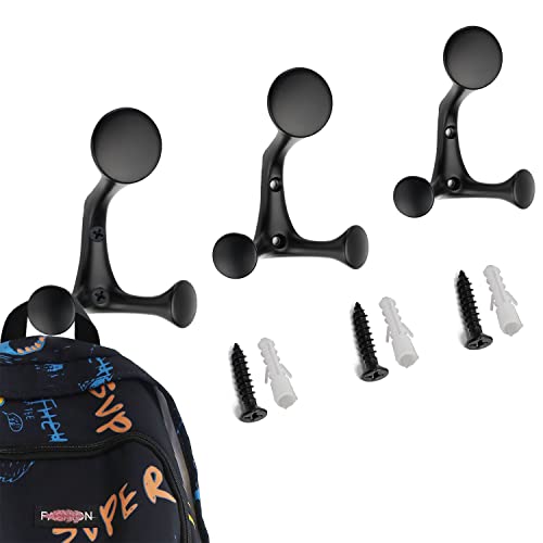 Wall Hook Metal Heavy Duty Kids Backpack Hooks Black Double Prong Hooks Indoor Coat Hook for Hanging Bathroom Towels Keys Cap Wall Mount Modern Decor Horn Hook 3 Pack with Screws, Black