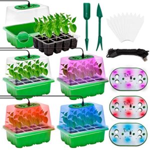 5 set seed starter trays kit with 3 colors grow light, seed plant starting tray with adjustable red purple blue lights brightness & humidity for indoor seed growing germinating, heighten lid/60 cells