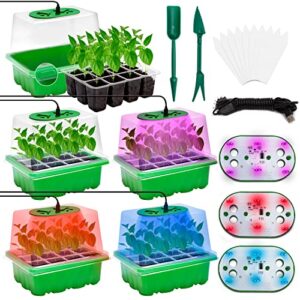 5 Set Seed Starter Trays Kit with 3 Colors Grow Light, Seed Plant Starting Tray with Adjustable Red Purple Blue Lights Brightness & Humidity for Indoor Seed Growing Germinating, Heighten Lid/60 Cells