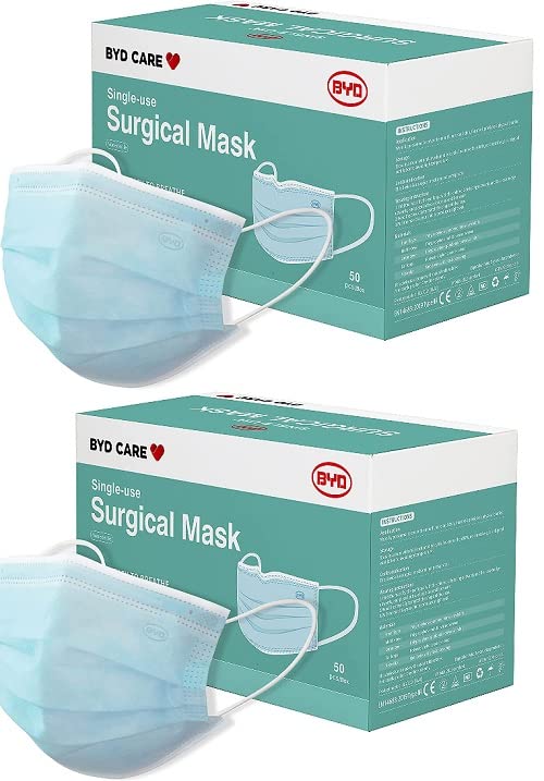 BYD CARE Single Use Disposable 3-Ply Mask, ASTM Level 3, Daily protection for Home, Office, School, Restaurants, Gyms, Outdoor and Indoor, 2 Boxes of 50 PCs each (100 masks total)