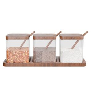Essos Square Glass and Wood Condiment 3 pc Jars Set with spoon Tray Sugar Food Storage Containers with Wood Lids and Wooden Spoon for Coffee Spice Storage Container