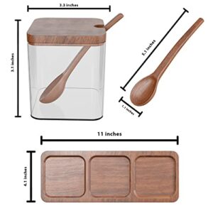 Essos Square Glass and Wood Condiment 3 pc Jars Set with spoon Tray Sugar Food Storage Containers with Wood Lids and Wooden Spoon for Coffee Spice Storage Container