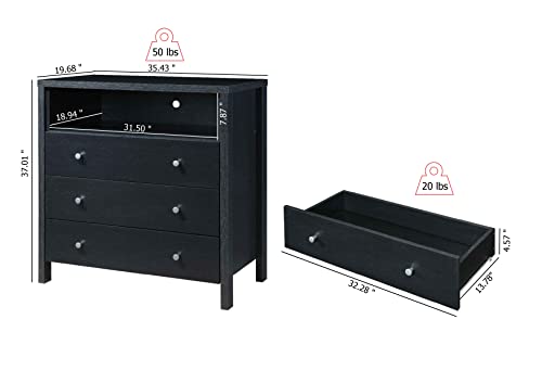 Hodedah 3-Drawer 1-Open Shelf Dresser, Black