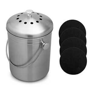 gramp's lamp stainless steel compost bin kitchen countertop-1.3 gallon seamless rust-resistant, odourless, organic waste compost bucket/pail - complete with charcoal filters