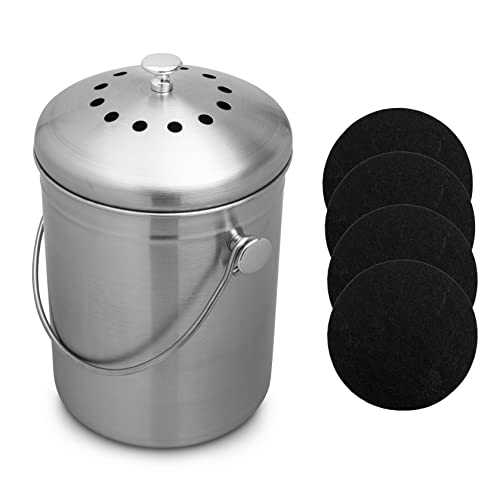 Gramp's Lamp Stainless Steel Compost Bin Kitchen Countertop-1.3 Gallon Seamless Rust-Resistant, Odourless, Organic Waste Compost Bucket/Pail - Complete with Charcoal Filters