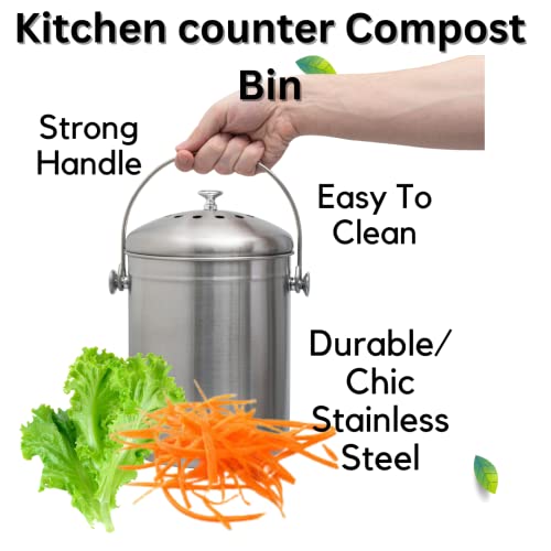 Gramp's Lamp Stainless Steel Compost Bin Kitchen Countertop-1.3 Gallon Seamless Rust-Resistant, Odourless, Organic Waste Compost Bucket/Pail - Complete with Charcoal Filters