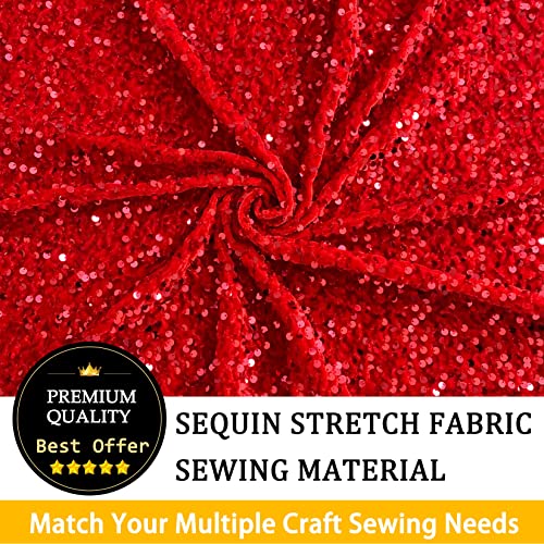 FANPROMS Red Sequin Fabric 1 Yard Velvet Sequins Fabric by The Yard Reversible Fabric for Bridal Shower Mesh Sequins Glitter Fabric for Craft DIY Tablecloth Linen Fabric Spandex Material for Prom