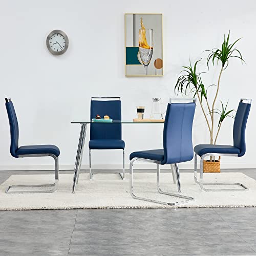 AZmac Modern Leather Dining Chairs Set of 4,Armless Kitchen Chairs,Dining Room Chairs with Upholstered Padded Seat and Sturdy Chrome Legs for Dining Room,Kitchen (Set of 4, Blue+PU Leather)