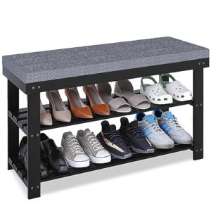 smibuy shoe rack bench, 3-tier sturdy bamboo shoe organizer with upholstered, storage shelf for entryway, hallway, bedroom or living room, 34.26 x 11.82 x 19.3 inches, (black and grey)