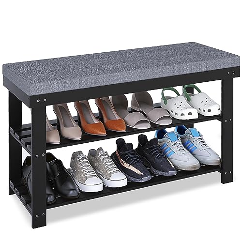 SMIBUY Shoe Rack Bench, 3-Tier Sturdy Bamboo Shoe Organizer with Upholstered, Storage Shelf for Entryway, Hallway, Bedroom or Living Room, 34.26 x 11.82 x 19.3 Inches, (Black and Grey)