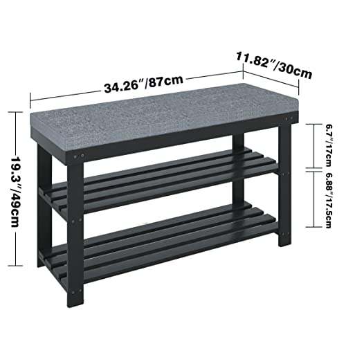 SMIBUY Shoe Rack Bench, 3-Tier Sturdy Bamboo Shoe Organizer with Upholstered, Storage Shelf for Entryway, Hallway, Bedroom or Living Room, 34.26 x 11.82 x 19.3 Inches, (Black and Grey)