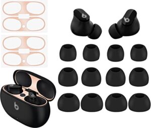 dust guard ear tips kit compatible with beats studio buds, 2 ultra thin dust proof metallic stickers cover and 6 pairs replacement eartips compatible with beats studio buds - s/m/l rose gold