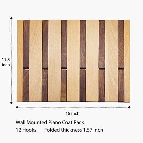 GOGREEBELL Natural Wood Wall Mounted Piano Coat Rack| Coat Rack Wall Mount| Flip Down Wall Hook Rack 12 Hooks| Entryway Wall Art Hook,Made of Beech and Black Walnut