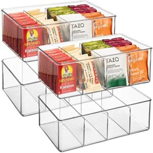 sorbus storage bins with dividers - clear plastic organizer - store tea bags, spices, seasonings, drink packets, oatmeal - snack storage & display containers for kitchen & pantry (4 pack)