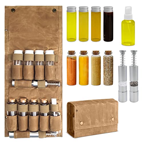PLANET KITCHEN Travel Spice Kit - Portable Spice Containers great for Camping, Traveling, Bushcraft & RV - Seasoning Kit with 8 Jars, 2 Salt & Pepper Grinders, 1 Oil Spray and Waterproof Cover (Khaki)