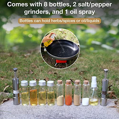 PLANET KITCHEN Travel Spice Kit - Portable Spice Containers great for Camping, Traveling, Bushcraft & RV - Seasoning Kit with 8 Jars, 2 Salt & Pepper Grinders, 1 Oil Spray and Waterproof Cover (Khaki)