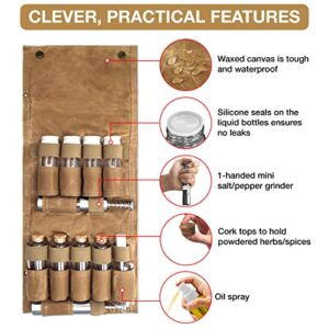 PLANET KITCHEN Travel Spice Kit - Portable Spice Containers great for Camping, Traveling, Bushcraft & RV - Seasoning Kit with 8 Jars, 2 Salt & Pepper Grinders, 1 Oil Spray and Waterproof Cover (Khaki)