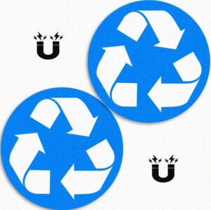 2 pack (9in x 9in) recycle logo magnet to organize your trash - for trash cans, garbage containers and recycle bins - magnet decal (9in x 9in, blue/white- magnet)