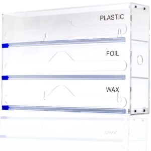 yoc wrap dispenser, clear acrylic foil, wax organizer with slide cutter, suitable for wall mounting or kitchen drawer, compatible with 12 inch rolls (3 in 1 wrap dispenser)