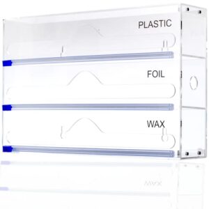 YOC Wrap Dispenser, Clear Acrylic Foil, Wax Organizer with Slide Cutter, Suitable for Wall Mounting or Kitchen Drawer, Compatible with 12 Inch Rolls (3 in 1 Wrap Dispenser)