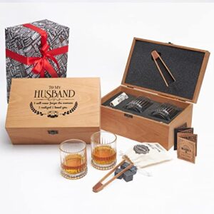 anniversary present for husband from wife whiskey stones & 2 glasses gift set for whiskey lovers. whiskey set, gift wrapped handmade wood box. birthday gift for him wedding anniversary set for couples