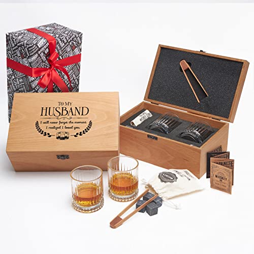 Anniversary Present for Husband from Wife Whiskey Stones & 2 Glasses Gift Set for Whiskey Lovers. Whiskey Set, Gift Wrapped Handmade Wood Box. Birthday Gift for Him Wedding Anniversary Set for Couples