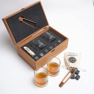 Anniversary Present for Husband from Wife Whiskey Stones & 2 Glasses Gift Set for Whiskey Lovers. Whiskey Set, Gift Wrapped Handmade Wood Box. Birthday Gift for Him Wedding Anniversary Set for Couples