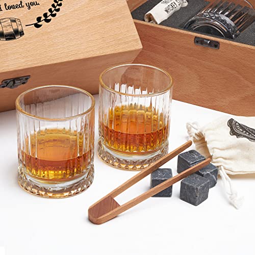 Anniversary Present for Husband from Wife Whiskey Stones & 2 Glasses Gift Set for Whiskey Lovers. Whiskey Set, Gift Wrapped Handmade Wood Box. Birthday Gift for Him Wedding Anniversary Set for Couples