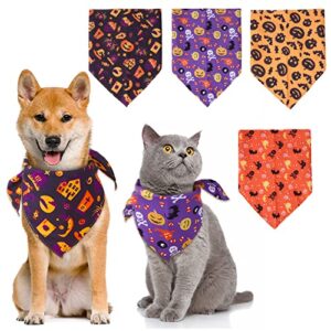 4 pack halloween dog bandanas, pet holiday pumpkin bat ghost themed pattern triangle bibs dog fall scarf accessories premium durable fabric washable cotton pet neckerchief for pets cats dogs costume
