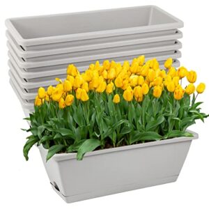 8pcs window box planter, 17 inches flower window boxes, rectangle planters box with drainage holes and trays, plastic vegetable planters for windowsill patio garden home decor porch yard (grey)