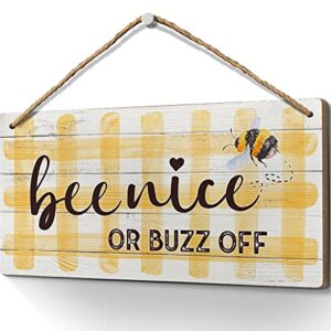 Bee Decor-Bee Nice or Buzz Off Sign 6x12 Inch |HD Pictures Wall Art Prints Farmhouse Decorative Hanging Wood Signs for Home Bathroom Living Room Office,Coffee Bar