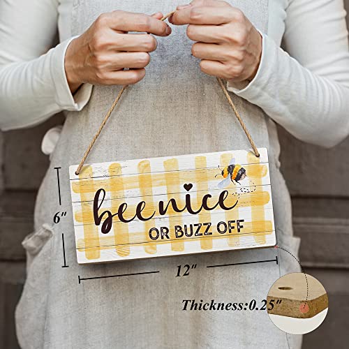 Bee Decor-Bee Nice or Buzz Off Sign 6x12 Inch |HD Pictures Wall Art Prints Farmhouse Decorative Hanging Wood Signs for Home Bathroom Living Room Office,Coffee Bar