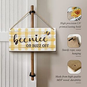 Bee Decor-Bee Nice or Buzz Off Sign 6x12 Inch |HD Pictures Wall Art Prints Farmhouse Decorative Hanging Wood Signs for Home Bathroom Living Room Office,Coffee Bar