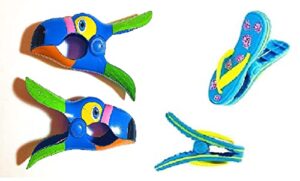 2 set (4 ct) blue toucan/blue flip flops beach towel clips jumbo size for beach chair, cruise beach patio, pool accessories for chairs, household clip, baby stroller