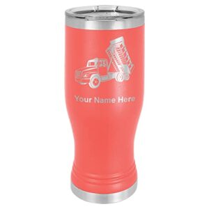 lasergram 14oz vacuum insulated pilsner mug, dump truck, personalized engraving included (coral)