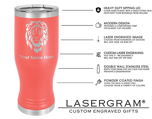 LaserGram 14oz Vacuum Insulated Pilsner Mug, Dump Truck, Personalized Engraving Included (Coral)