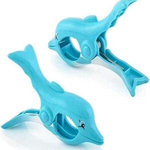 2 Set (4 Ct) Blue Flipflop / Dolphin Beach Towel Clips Jumbo Size for Beach Chair, Cruise Beach Patio, Pool Accessories for Chairs, Household Clip, Baby Stroller