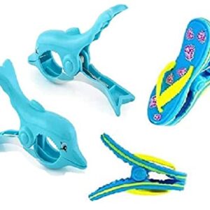 2 Set (4 Ct) Blue Flipflop / Dolphin Beach Towel Clips Jumbo Size for Beach Chair, Cruise Beach Patio, Pool Accessories for Chairs, Household Clip, Baby Stroller