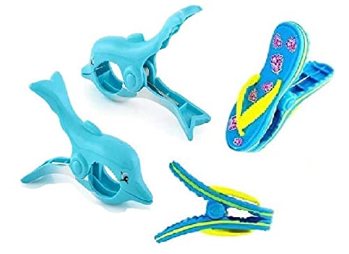 2 Set (4 Ct) Blue Flipflop / Dolphin Beach Towel Clips Jumbo Size for Beach Chair, Cruise Beach Patio, Pool Accessories for Chairs, Household Clip, Baby Stroller