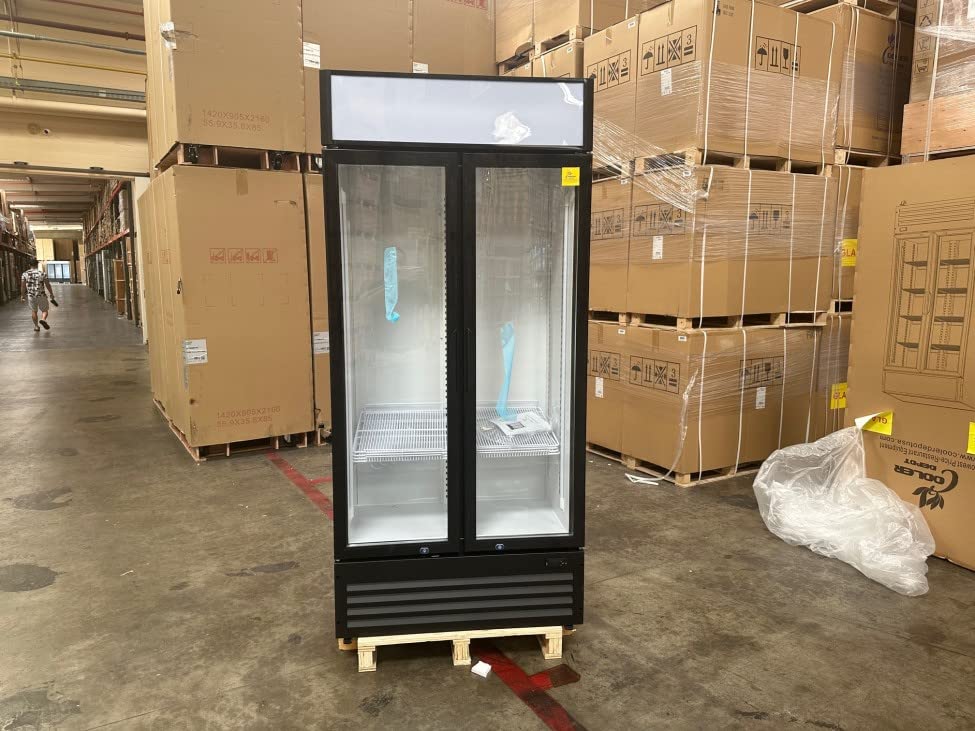Commercial Refrigerator Glass 2-Door Slim Merchandiser Display Cooler Case Fridge NSF, Bottom-Mounted, 36 inches width, capacity 18 cuft 110V, Restaurant Kitchen Cafe LGS-650W
