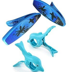 2 Set (4 Ct) Blue Surfboard / Dolphin Beach Towel Clips Jumbo Size for Beach Chair, Cruise Beach Patio, Pool Accessories for Chairs, Household Clip, Baby Stroller